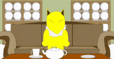 a cartoon of a yellow cat sitting on a couch next to a teapot