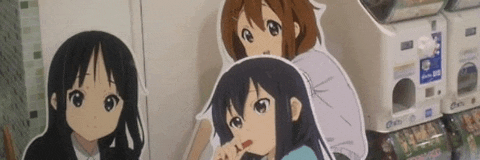 three anime girls are standing next to each other in front of a vending machine that says ' gacha ' on it