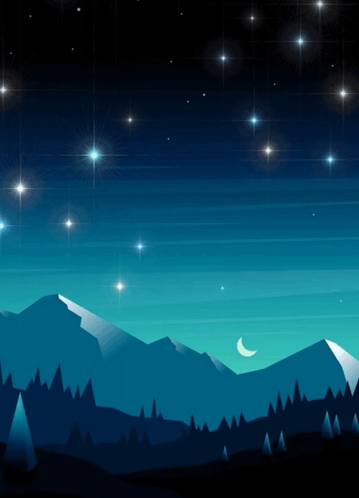 a night sky with mountains and trees in the foreground and a crescent moon in the background