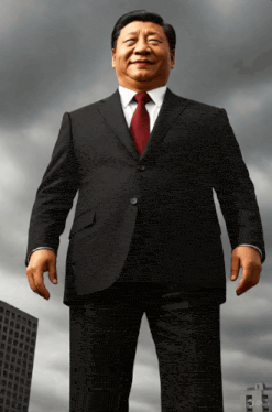 a man in a black suit and red tie stands in front of a cloudy sky