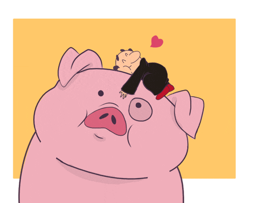a cartoon of a pig with a man on its head