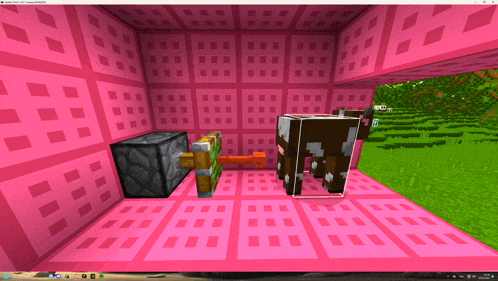 a screenshot of a minecraft game shows a cow and a block