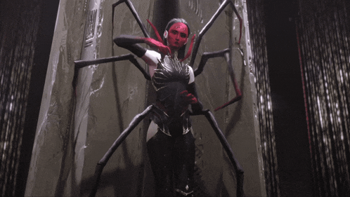 a woman in a spider costume is standing in front of a wall