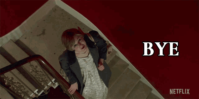 a woman walking down a set of stairs with the words bye written on the bottom