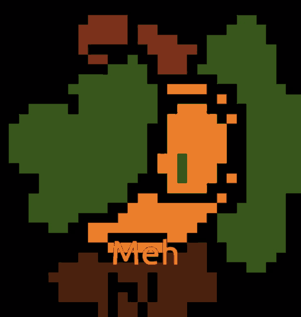 a pixel art drawing of a duck with the word meh below it