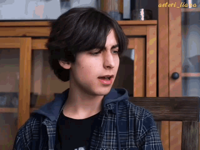 a young man in a plaid shirt is sitting in front of a wooden cabinet with the name astori liava on the bottom right