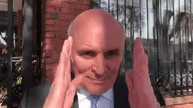a bald man in a suit and tie is standing in front of a brick wall with his hands on his head .