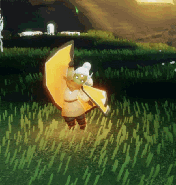 a cartoon character is standing in a field with a yellow umbrella