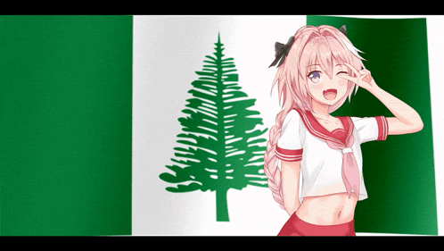a girl with pink hair is saluting in front of a flag with a pine tree on it