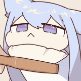 a cartoon drawing of a girl with blue hair and purple eyes holding a wooden stick .