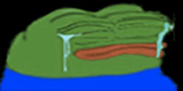 a green frog is crying with tears coming out of his eyes .