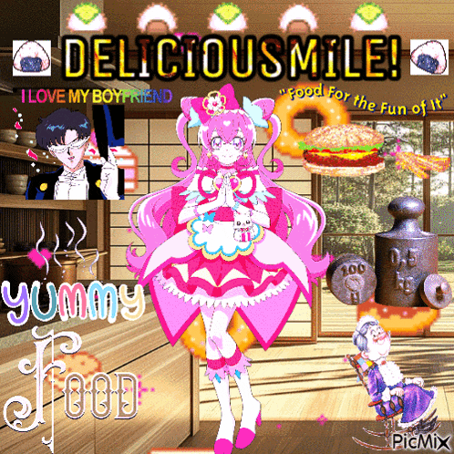 a girl in a pink dress stands in front of a sign that says deliciousmile i love my boyfriend and yummy food