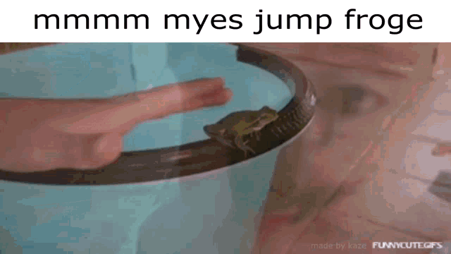 a person is pointing at a frog in a bucket that says ' mmmm myes jump froge ' on it