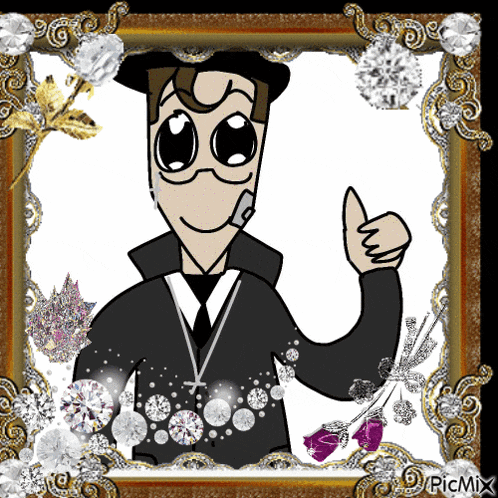 a cartoon of a man giving a thumbs up in a frame with diamonds