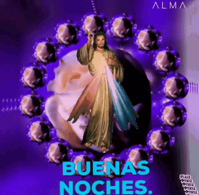 jesus is surrounded by purple flowers and the words buenas noches on the bottom
