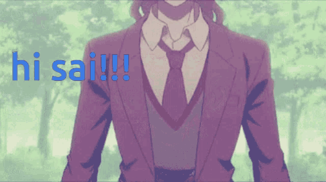 a man in a suit and tie is standing in front of the words hi sai !!!