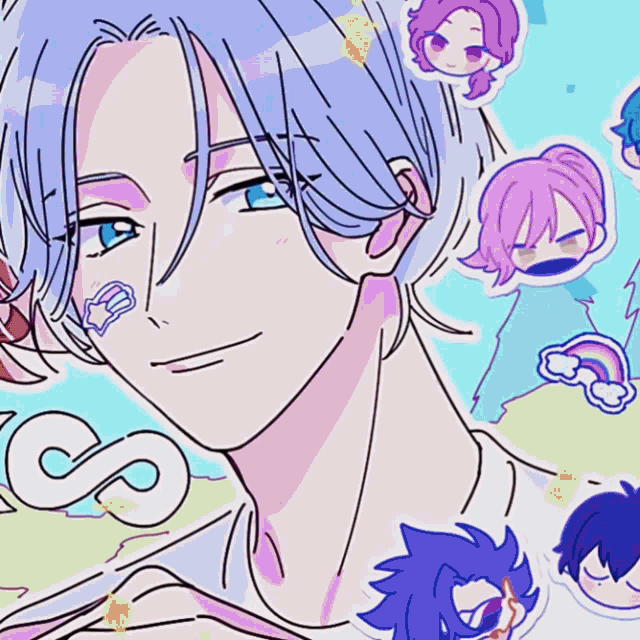 a drawing of a person with blue hair and a blue jacket