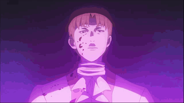 a man with a scarf around his neck has blood coming out of his mouth