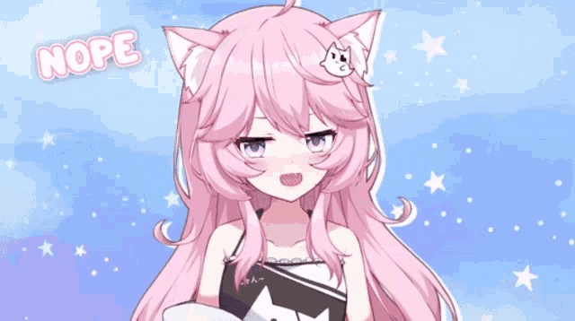 a girl with a cat ear is surrounded by the words nope and nevermind