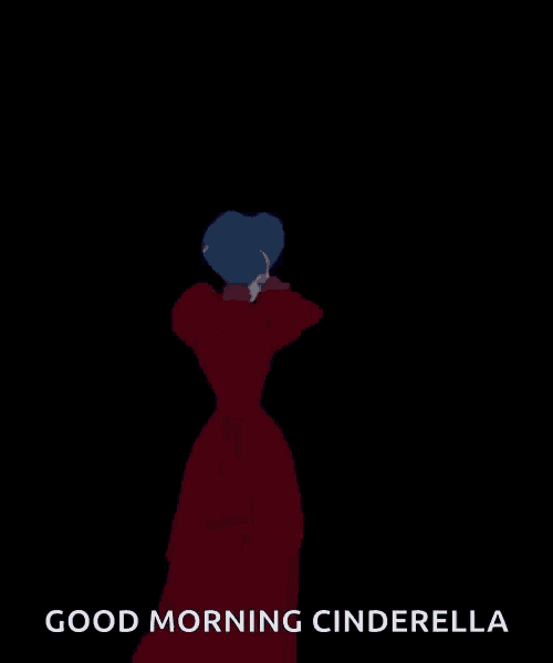 a cartoon of cinderella standing in front of a window with her arms outstretched