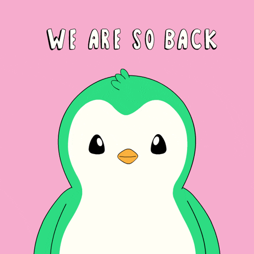 a green and white penguin with the words we are so back on a pink background