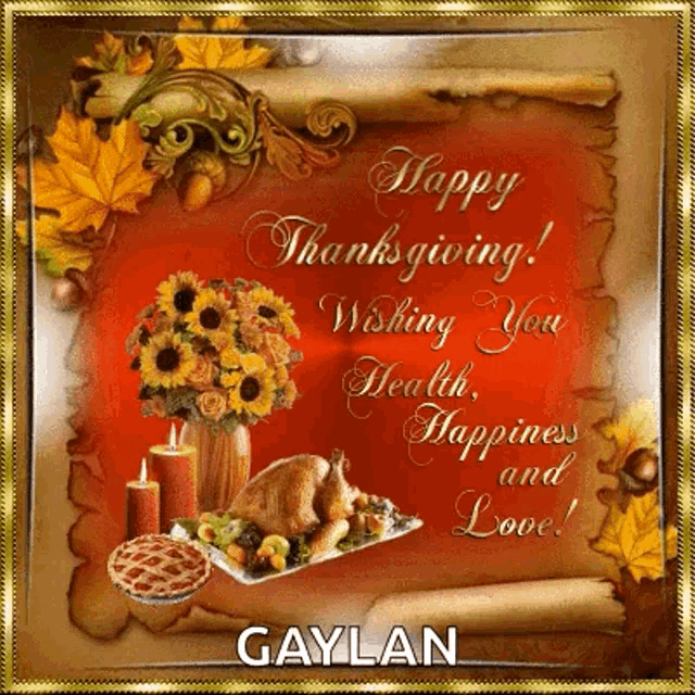 a happy thanksgiving card with a turkey , candles and flowers