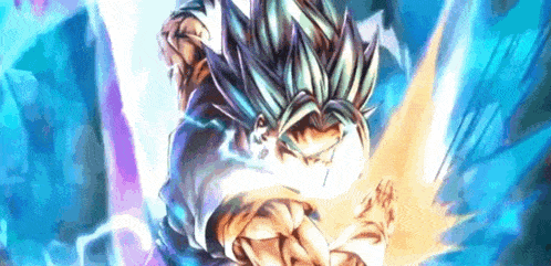 a close up of a cartoon character with blue hair and a lightning bolt coming out of his mouth .
