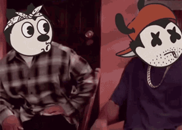 two cartoon characters are sitting next to each other and one has a bandana on his head