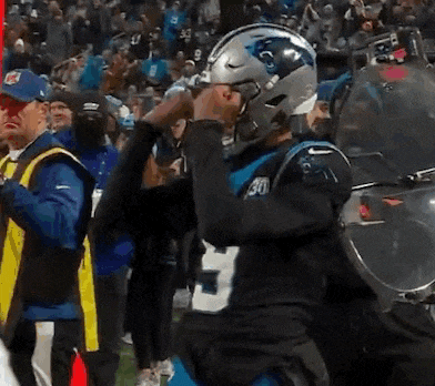 a man wearing a carolina panthers helmet stands in front of a crowd .