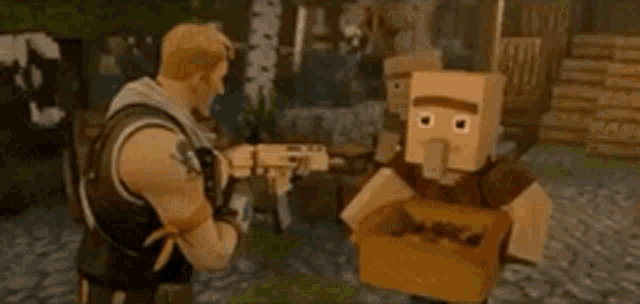a man is holding a gun next to a minecraft villager .