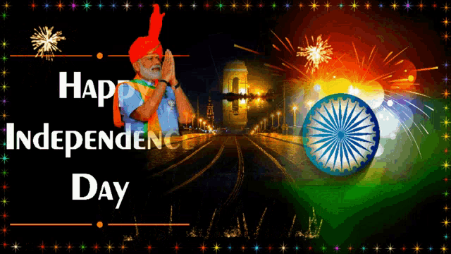 a happy independence day greeting card with fireworks and a man in a turban