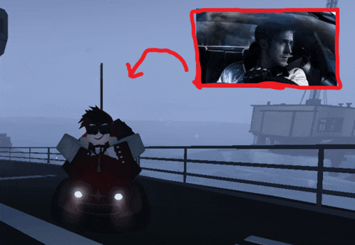 a drawing of a man driving a car with a red arrow pointing to it
