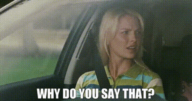 a woman is sitting in a car with the words `` why do you say that '' written above her .