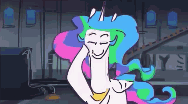 a cartoon of a unicorn with a colorful mane and tail is smiling and making a peace sign .
