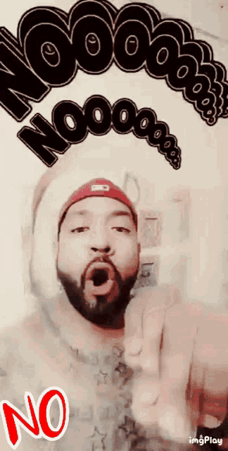 a man with a beard is making a funny face and the word no is underneath him