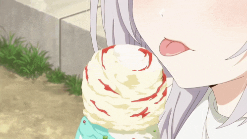a girl with white hair is eating a swirl of ice cream