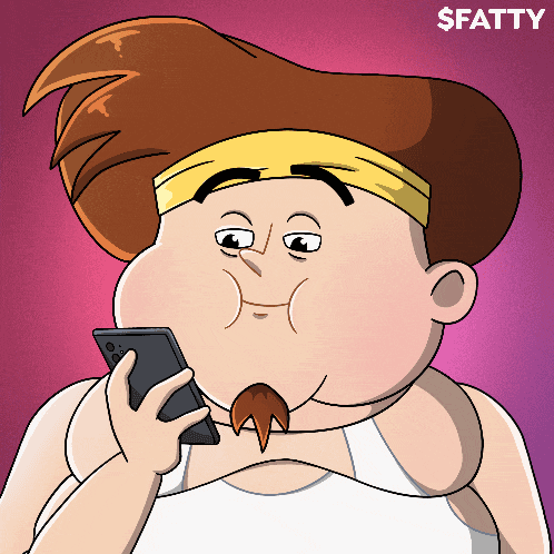 a cartoon drawing of a fat man holding a cell phone with the word fatty below him