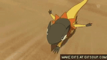 a pokemon is laying on its back on the ground with its arms outstretched and its eyes closed .