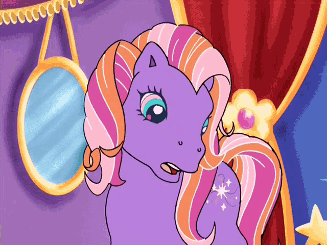 a purple pony with pink and orange hair is standing in front of a red curtain and a mirror