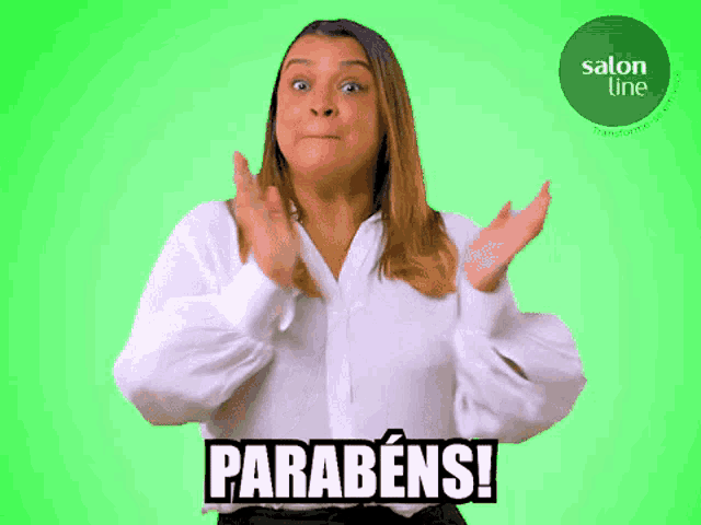 a woman in a white shirt is applauding with the word parabens written below her