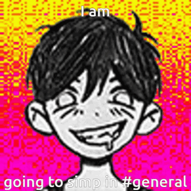 a black and white drawing of a boy with a smiley face on a pink and yellow background .