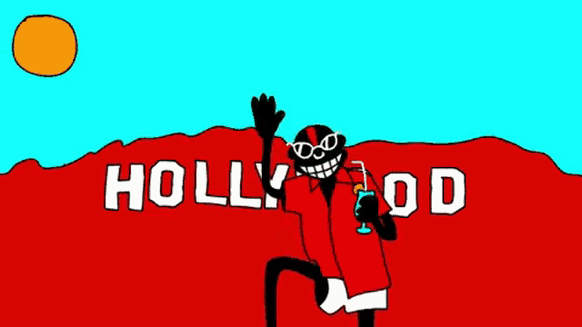 a cartoon character is waving in front of the hollywood sign