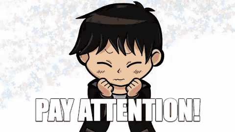 a cartoon of a boy screaming with the words pay attention below him