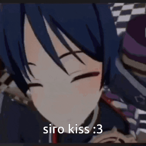 a close up of a person kissing another person with the words siro kiss : 3 .