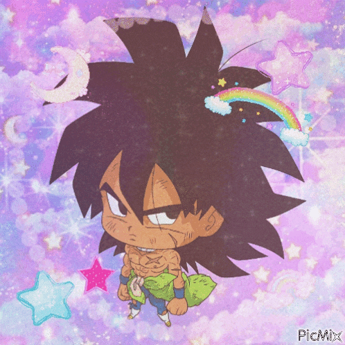 a picture of a cartoon character with a rainbow and stars on a purple background with the words picmix at the bottom