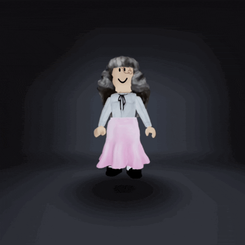 a cartoon character with gray hair and a pink skirt is smiling