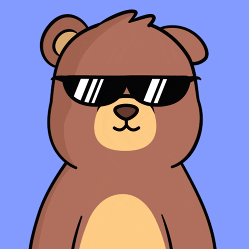 a brown teddy bear wearing sunglasses with white stripes on the lenses