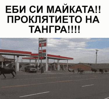 a picture of a gas station in a foreign language with horses walking in front of it