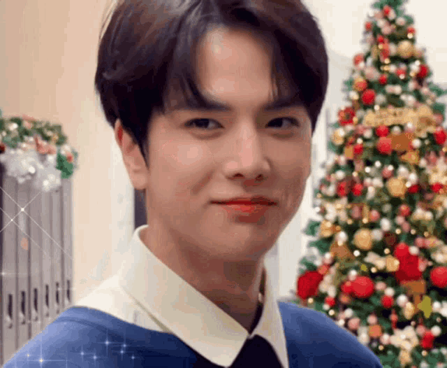 a young man is standing in front of a christmas tree and smiling .