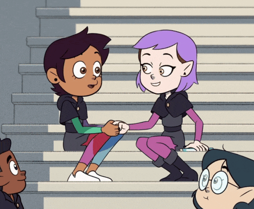 two cartoon characters are sitting on a set of stairs and holding hands